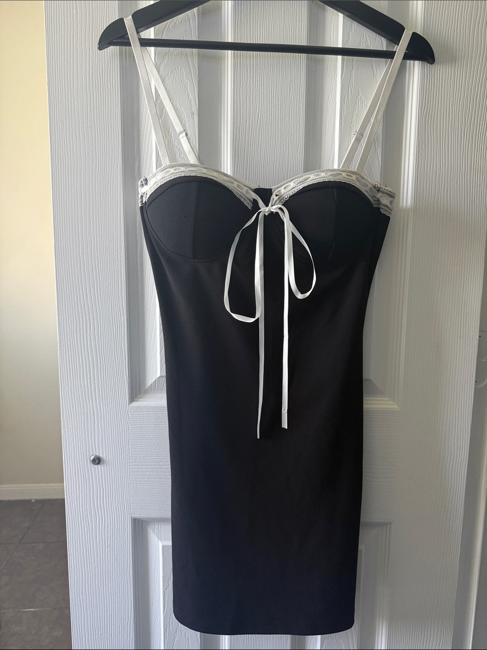 Black Slip Dress with White Lace Trim